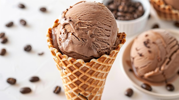 Delizioso caffè o gelato al cioccolato in waffle