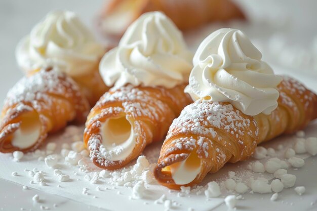 Delizioso cannoli pieno di crema su piatto bianco