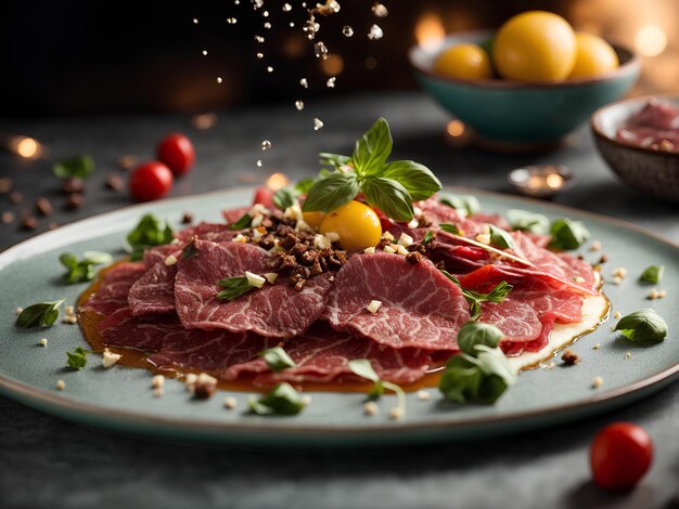 Delizioso carpaccio di manzo piatto elegante perfetto per un'occasione speciale o un pasto leggero pubblicità cinematografica