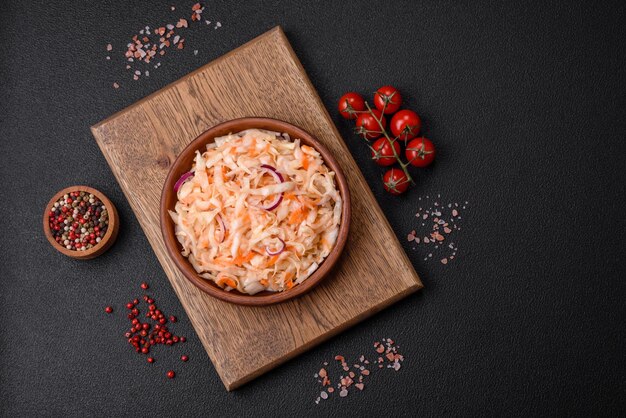 Delizioso cavolo salato in salamoia con carote sale e spezie in un piatto di ceramica