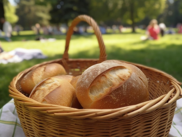 Delizioso cestino da picnic pieno di frutta fresca, pane biologico e opzioni alimentari sane nella natura