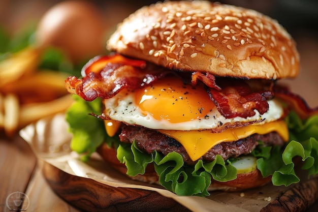 Delizioso Cheeseburger al Bacon con uova fritte e lattuga Salata di manzo saporita su un panino tostato