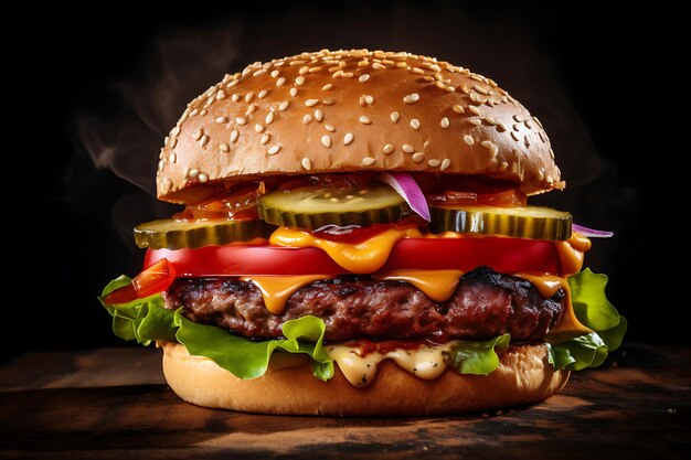 Delizioso Cheeseburger alla griglia con insalata sullo sfondo dello studio