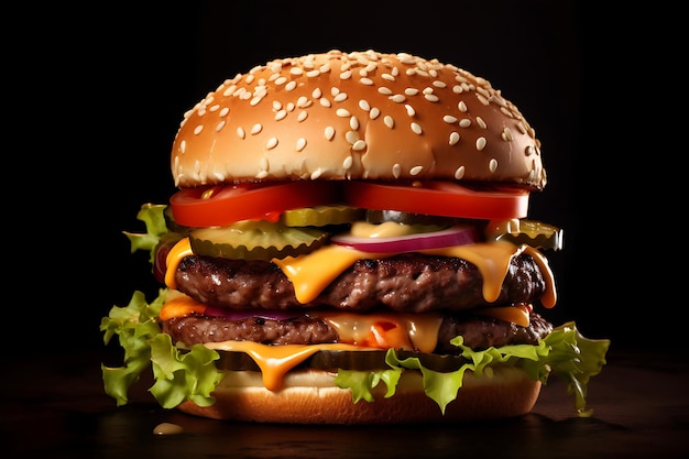 Delizioso Cheeseburger alla griglia con insalata sullo sfondo dello studio