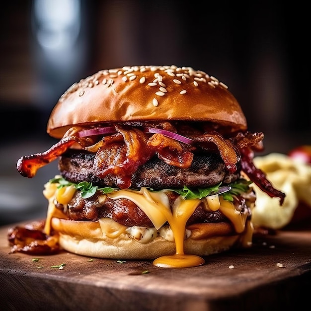 Delizioso cheeseburger con pancetta Fotografia di cibo vincitrice del premio Generata dall'intelligenza artificiale