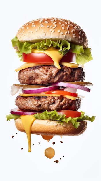 Delizioso cheeseburger con verdure fresche e condimenti galleggiante sano fast food annuncio stop time