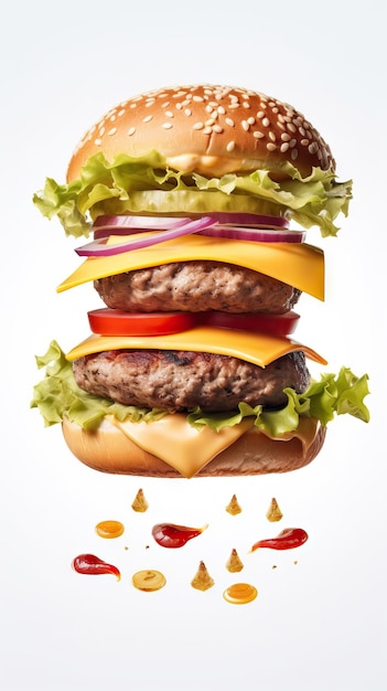 Delizioso cheeseburger con verdure fresche e condimenti galleggiante sano fast food annuncio stop time