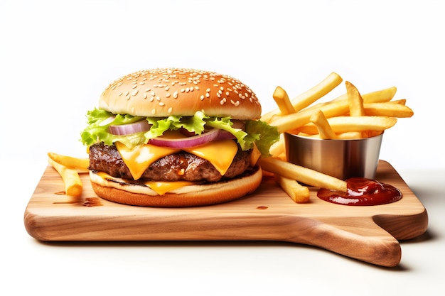 Delizioso cheeseburger fatto in casa succoso con patatine fritte sul lato