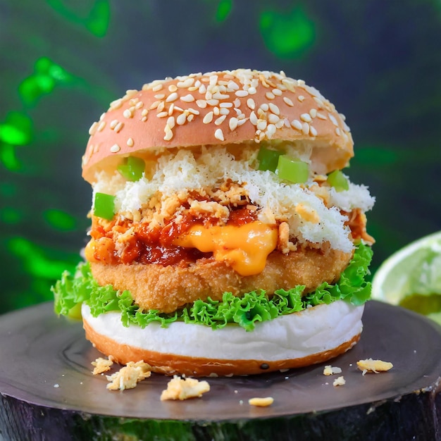 Delizioso Cheesy Zinger Burger generare Ai