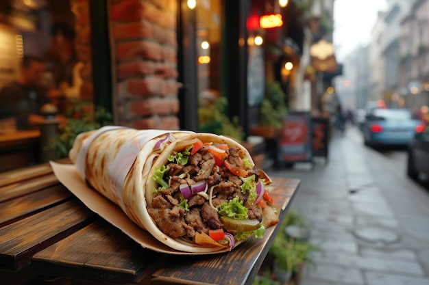 Delizioso cibo di strada Kebab su un marciapiede affollato della città al crepuscolo