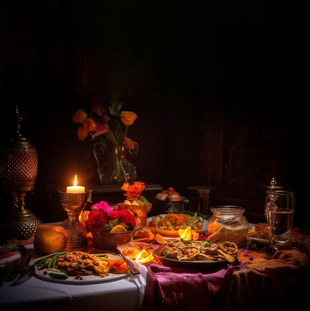 Delizioso cibo indiano sul bellissimo tavolo con le candele