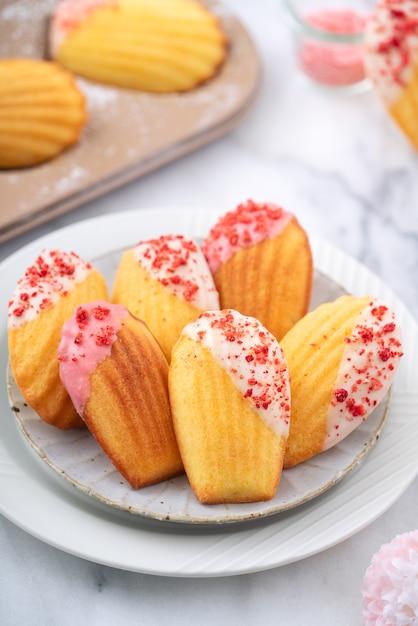 Delizioso cioccolato artigianale immerso madeleine con pezzi di frutta secca sul tavolo bianco