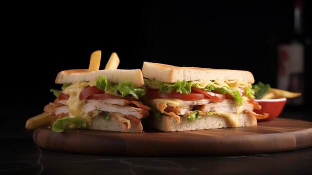 Delizioso club sandwich di pollo con patatine fritte, fotografia professionale