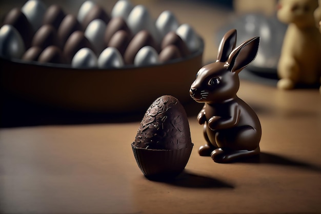 Delizioso coniglietto di cioccolato dolce e uovo di cioccolato stanno sul tavolo