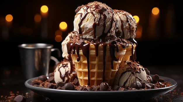 Delizioso cono gelato al cioccolato con salsa al cioccolato in cima alla fotografia del cibo