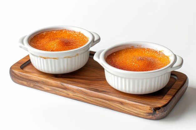 Delizioso creme brulee in un piatto di ceramica su uno sfondo bianco