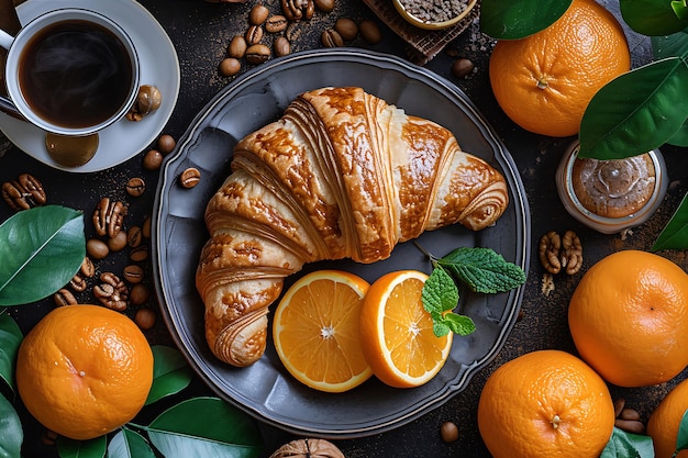 Delizioso croissant con caffè arancione e noci