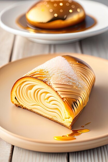 Delizioso croissant fatto in casa coperto da fiocchi di schabin di foglie d'oro commestibili su schegge di mandorle di macadamia