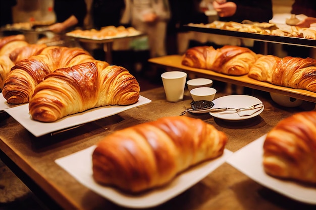 Delizioso croissant francese fresco sul bancone in panetteria