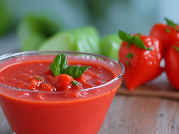 Delizioso cucchiaino di gazpacho Un tocco di aglio paprika cospargere un'allettante delizia culinaria