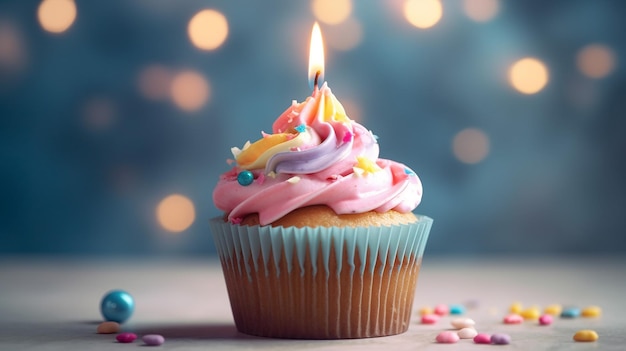 Delizioso cupcake di compleanno sul tavolo su sfondo chiaro Ai generativo