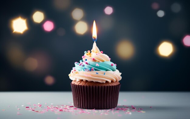 Delizioso cupcake di compleanno sul tavolo su sfondo chiaro