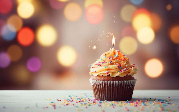 Delizioso cupcake di compleanno sul tavolo su sfondo chiaro