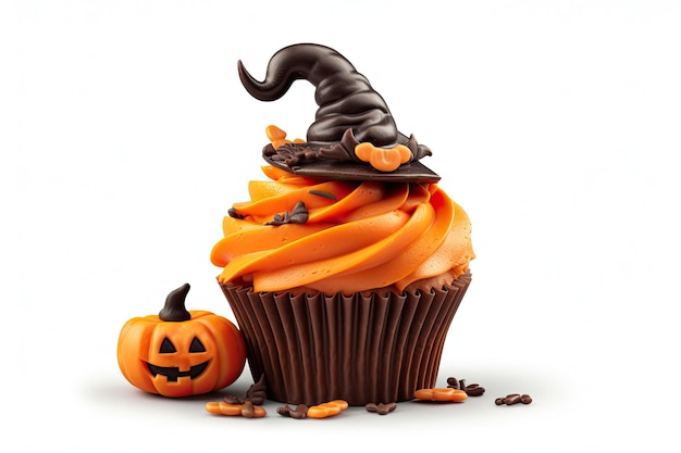 Delizioso cupcake di Halloween con decorazioni luminose Dolci di Halloween Pasticceria casalinga vacanza cibo dolcetto o scherzetto conceptisolated su sfondo bianco