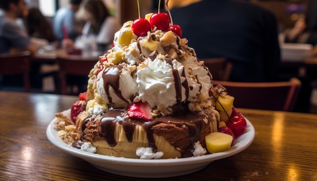 Delizioso dessert al cioccolato con frutta fresca e decorazione di panna montata generata dall'intelligenza artificiale