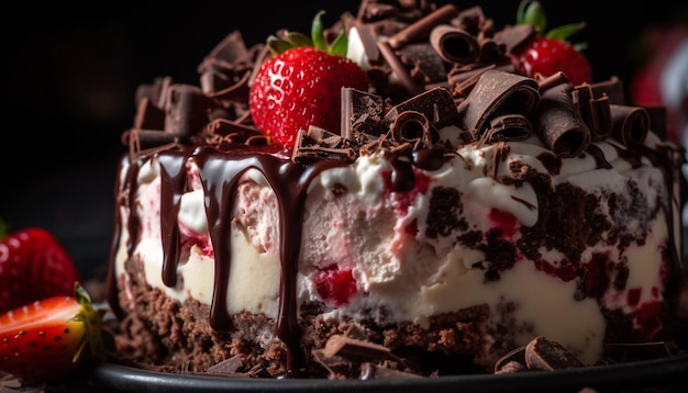 Delizioso dessert al cioccolato gourmet con decorazione di frutta fresca generata dall'intelligenza artificiale