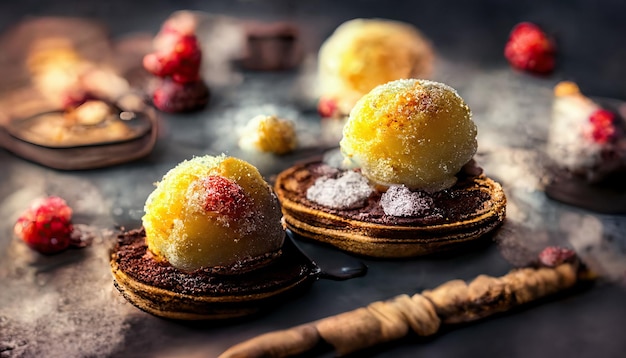 Delizioso dessert alle fragole con gelato alla vaniglia. 3drender generato con ai