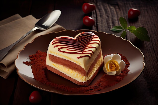 Delizioso dessert fatto a mano a forma di tiramisù a forma di cuore rosso