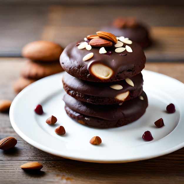 Delizioso dessert fatto in casa Pila di biscotti al mirtillo rosso e mandorle al cioccolato fondente