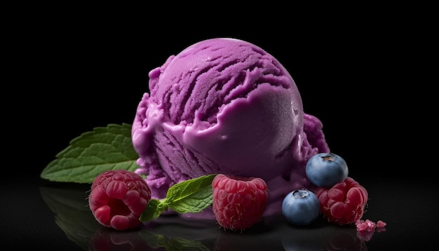 Delizioso dessert gourmet ai frutti di bosco e sfera di gelato alla menta sul piatto generato dall'intelligenza artificiale