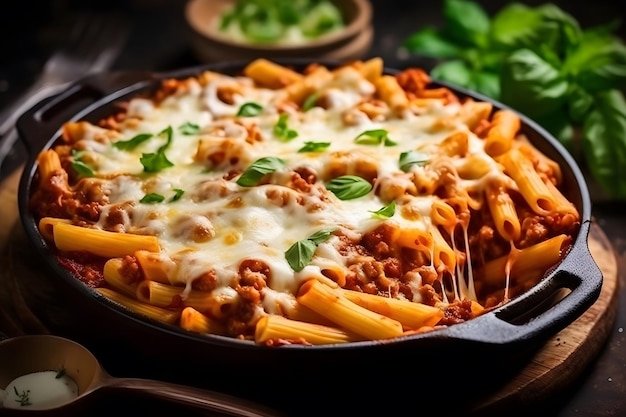 Delizioso e abbondante sugo di manzo e mozzarella ziti al forno Generative AI