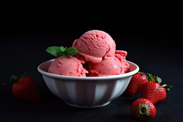 Delizioso e rinfrescante gelato fatto con fragole mature e succose che sono state accuratamente selezionate per la loro dolcezza e qualità Generative AI