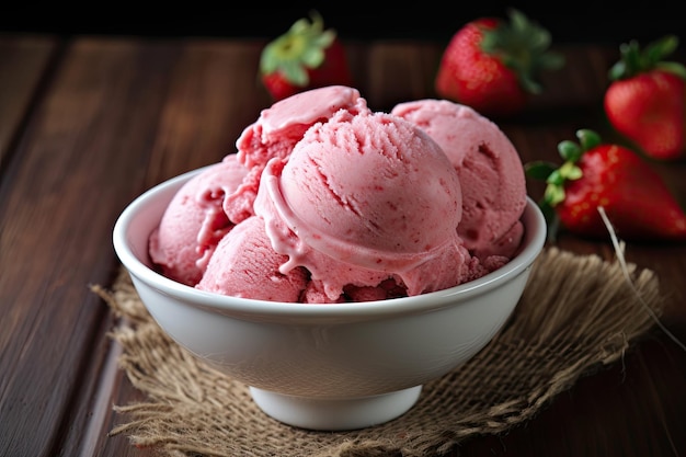 Delizioso e rinfrescante gelato fatto con fragole mature e succose che sono state accuratamente selezionate per la loro dolcezza e qualità Generative AI