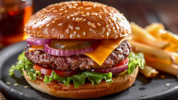 Delizioso e succoso cheeseburger con lattuga, pomodoro, cipolla e biscotto di sesamo servito con golden french