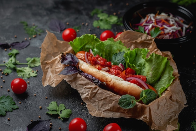 Delizioso e succoso hot dog con salsa di formaggio, pomodoro ed erbe fresche in assortimento, panino nel menu di un ristorante fast food su un tavolo di pietra scura. Opzione salutare di fast food.