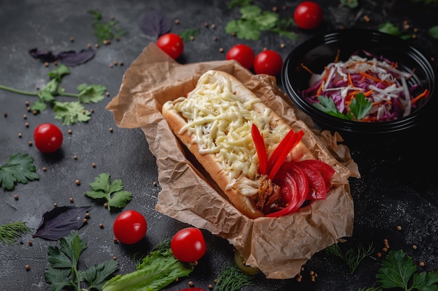 Delizioso e succoso hot dog con salsa di formaggio, pomodoro ed erbe fresche in assortimento, panino nel menu di un ristorante fast food su un tavolo di pietra scura. Opzione salutare di fast food.