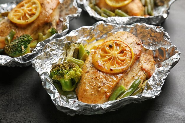 Delizioso filetto di pollo con fette di limone e verdure al cartoccio sul tavolo