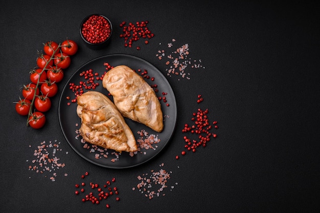 Delizioso filetto di pollo fresco alla griglia con sale spezie ed erbe aromatiche su un piatto di ceramica