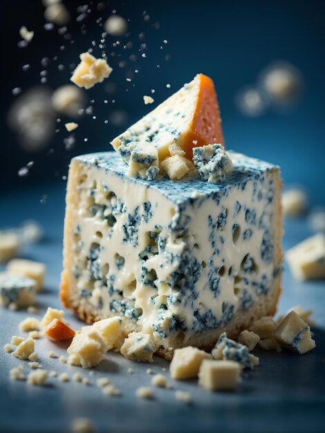 Delizioso formaggio blu italiano Gorgonzola galleggiante Fotografia pubblicitaria cinematografica