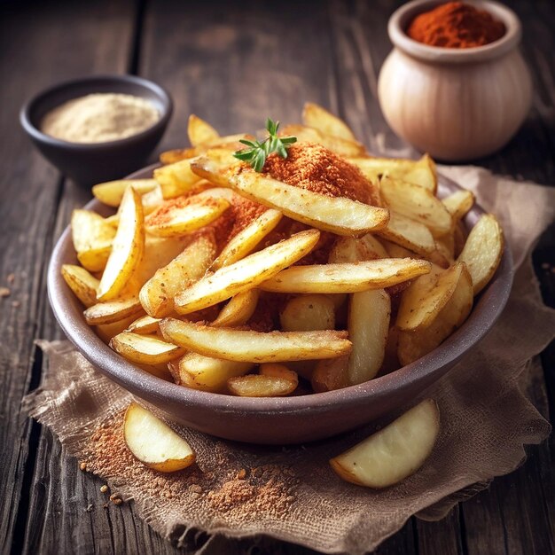 Delizioso fritto francese con polvere fredda su un tavolo di legno