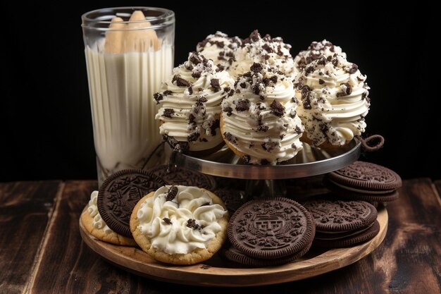 Delizioso frullato di vaniglia con panna montata, biscotti al cioccolato e paglia per biscotti in un bicchiere.