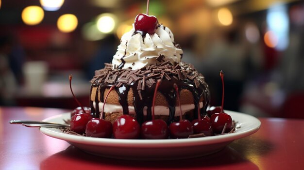 Delizioso gelato al cioccolato con ciliegie alla crema fritta