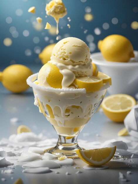 Delizioso gelato al limone galleggiante gelato rinfrescante ad alto contenuto di vitamina C foto pubblicitaria cinematografica