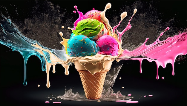 Delizioso gelato alla fragola in un cono di waffle su uno sfondo colorato Generative Ai