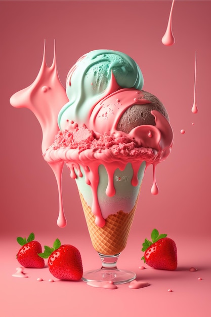 Delizioso gelato colorato che si scioglie e gocciola su uno sfondo colorato Esplosione di sapore IA generativa