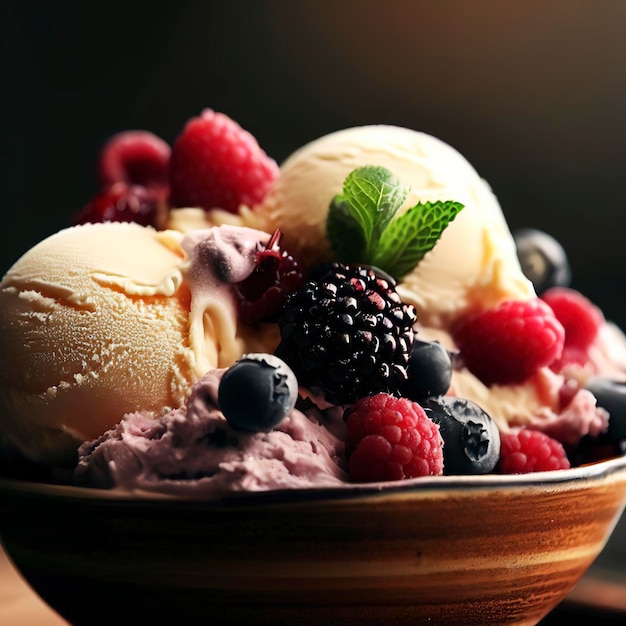 Delizioso gelato con frutti di bosco in una ciotola